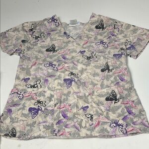 SB Scrubs XS Short Sleeve V Neck Butterfly Pattern Multi Pocket Scrub Top